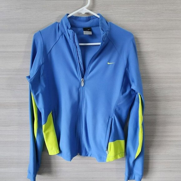 Nike Dri-Fit Warm Up Run Gym Jacket Junior L = Womens M Blue Yellow Full Zip - Picture 1 of 8